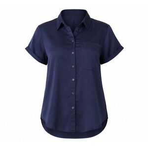 A New Day Navy Blue Satin Short Sleeve Button Down Shirt Blouse Small